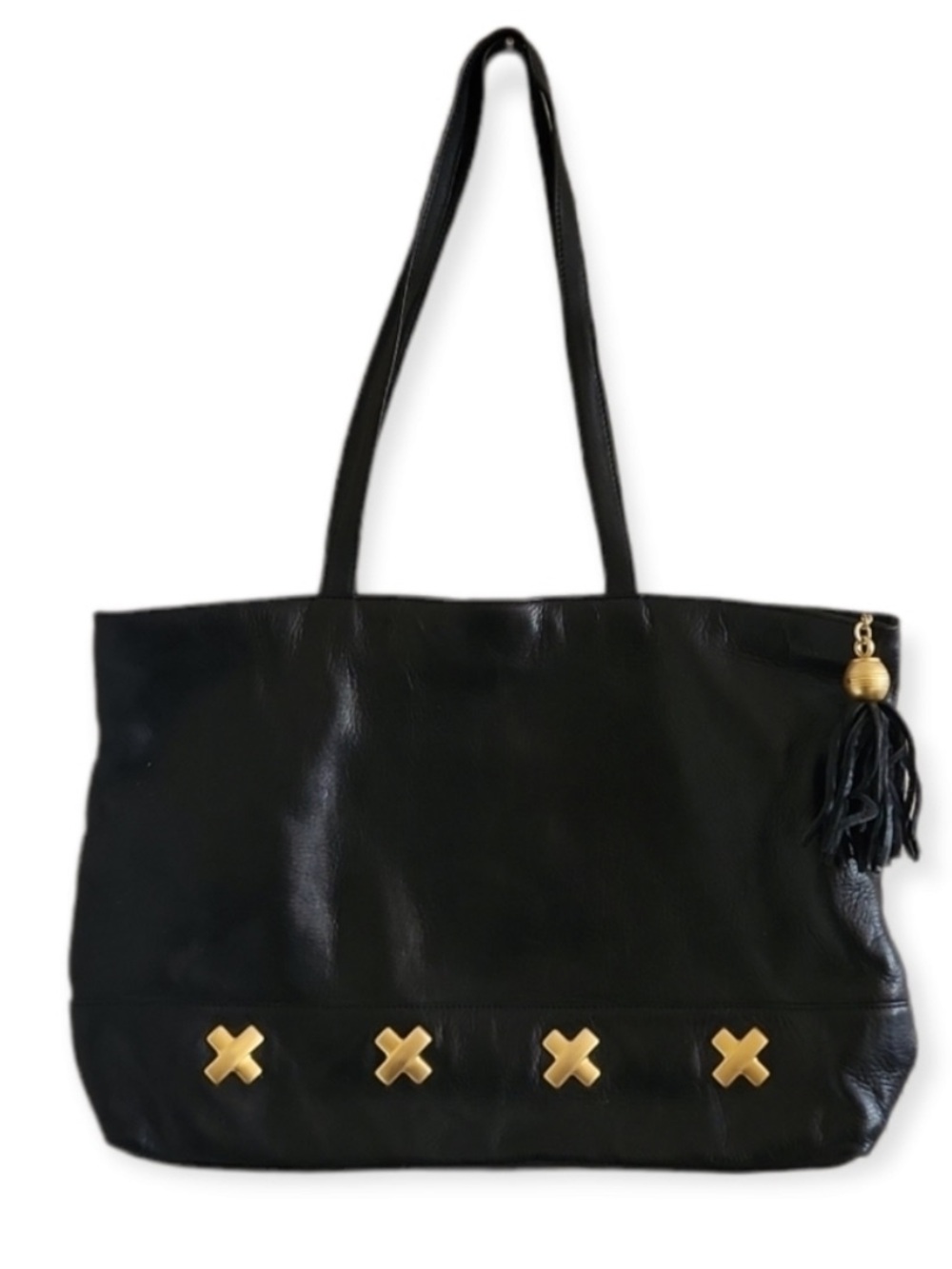 Vintage Large Black Zip Top Tote Bag with Gold “X” Hardware & Tassel